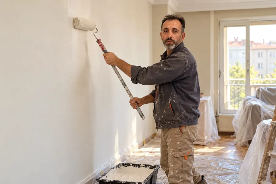 Beyoğlu'nda bir evde duvarı rulo ile boyayan Cengiz Usta
