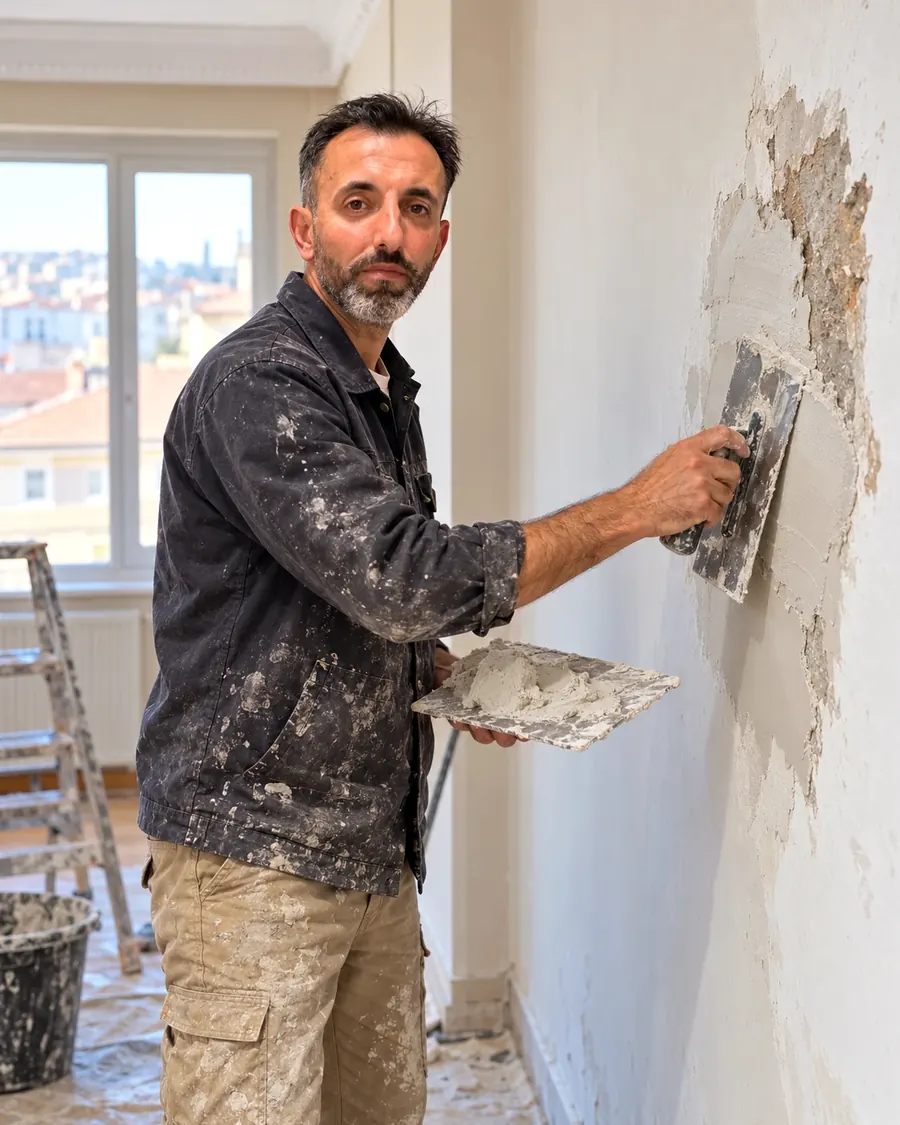 Cengiz Bostancı İstanbul'da bir dairede dökülen duvarın sıva tamirini yaparken